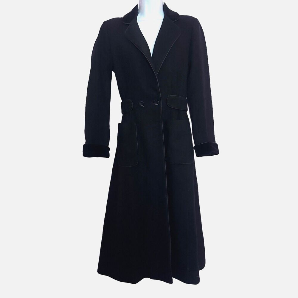 Vintage Fleurette black wool long coat velvet collar and handcuff